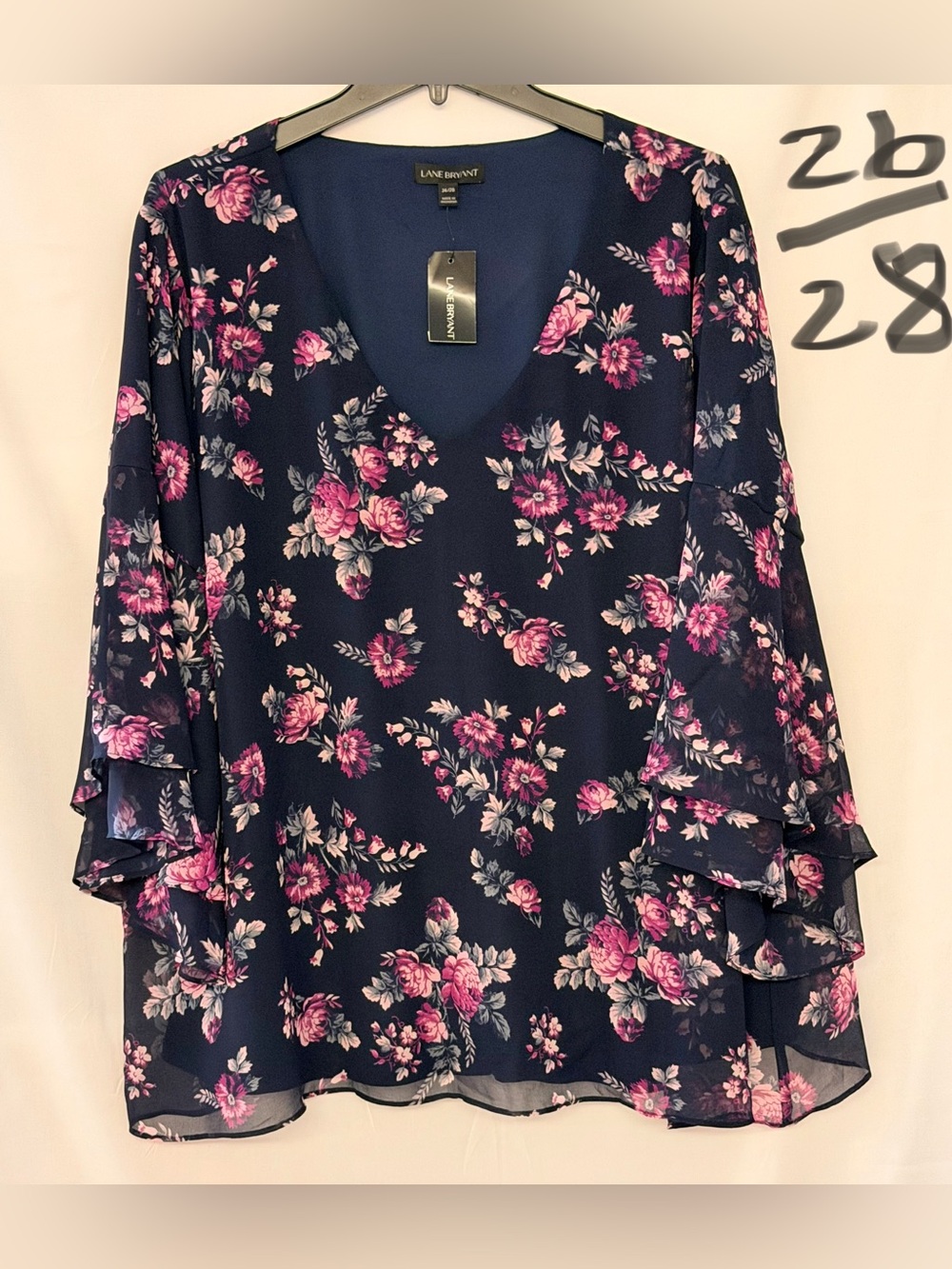 Lane Bryant Navy Floral V-Neck Ruffle Sleeve Tunic Top